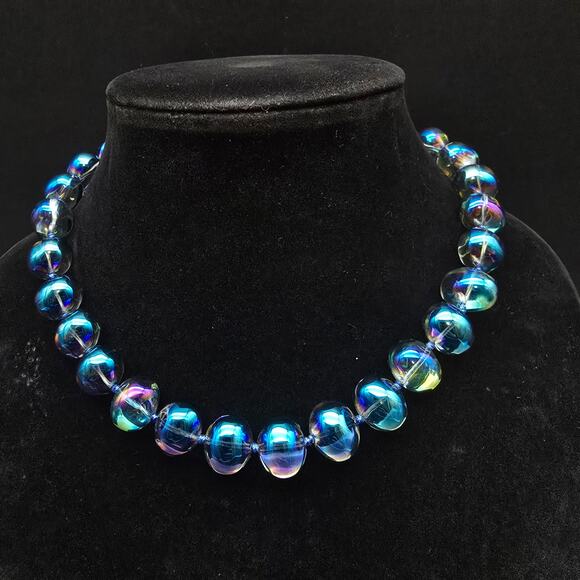 Blue Glass Aurora Borealis Beaded Necklace Iridescent Bubbles - Picture 1 of 8